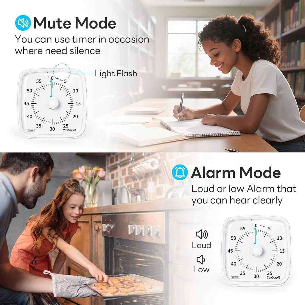 Yunbaoit Visual Timer with Night Light, 60-Minute Countdown Timer for Kids and Adults, Silent Classroom Timer, Time Management Tool for Home, School, or Work (Light White)