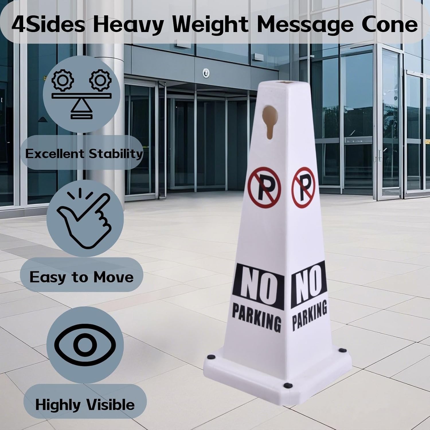 26.5" Caution Cones, 4-Sided Visible Safety Signs with Heavy Rubber Base, Warning for Slip & Fall Prevention, Indoor/Outdoor Use (4, No Parking-White, 26.5 inch)