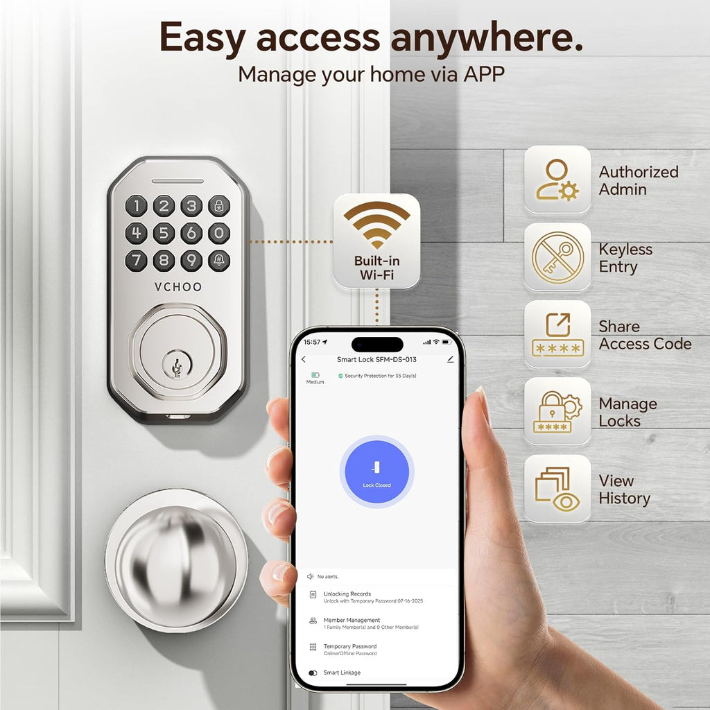 Keyless Entry Door Lock with 2 Knobs App Control Smart Locks for Front Door WiFi Door Lock Set Automatic Lock One Time Password Anti Peeping Password IP54, Satin Nickel