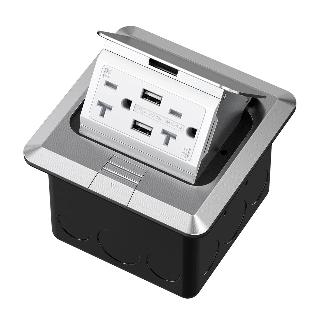 KYHSHJ 4.8A USB Chargers Pop Up Floor Waterproof Electrical Outlet Receptacle Stainless Steel Box, Silver