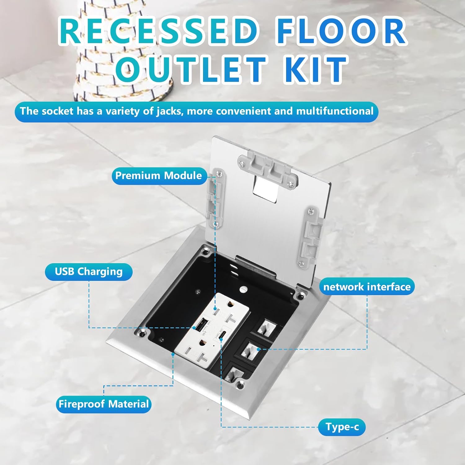 KYHSHJ Recessed Flat Hidden Socket Kit with 2 * 20A Receptacle，4.8A 1 USB-A Ports &1 USB-C Port+3-Port RJ45 Datacom Receptacle.Internal Height Adjustable，Corrosive Resistant Hardware,Silver