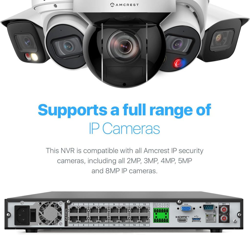 Amcrest 4K 32-Channel AI NVR (16-Port PoE) Smart NVR, Facial Recognition, Facial Detection & Vehicle Detection - Supports 32 x 4K IP Cameras, Supports up to 2 x 16TB HDD (Not Included) NV4232E-16P-EI