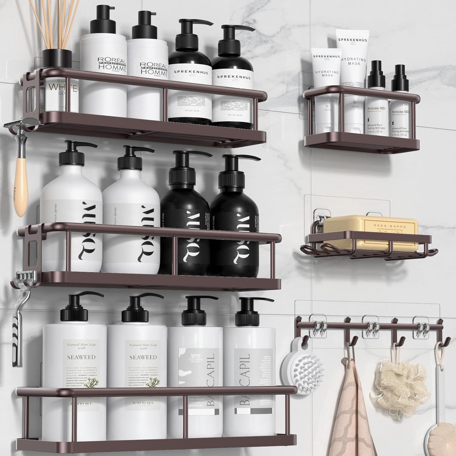YASONIC Shower Caddy, 6 Pack Large Capacity shower Organizer with Soap Holder and 12 Hooks, Rustproof Shelves for Inside Shower, No Drilling&Sleek Bathroom Organizers and Storage Bronze