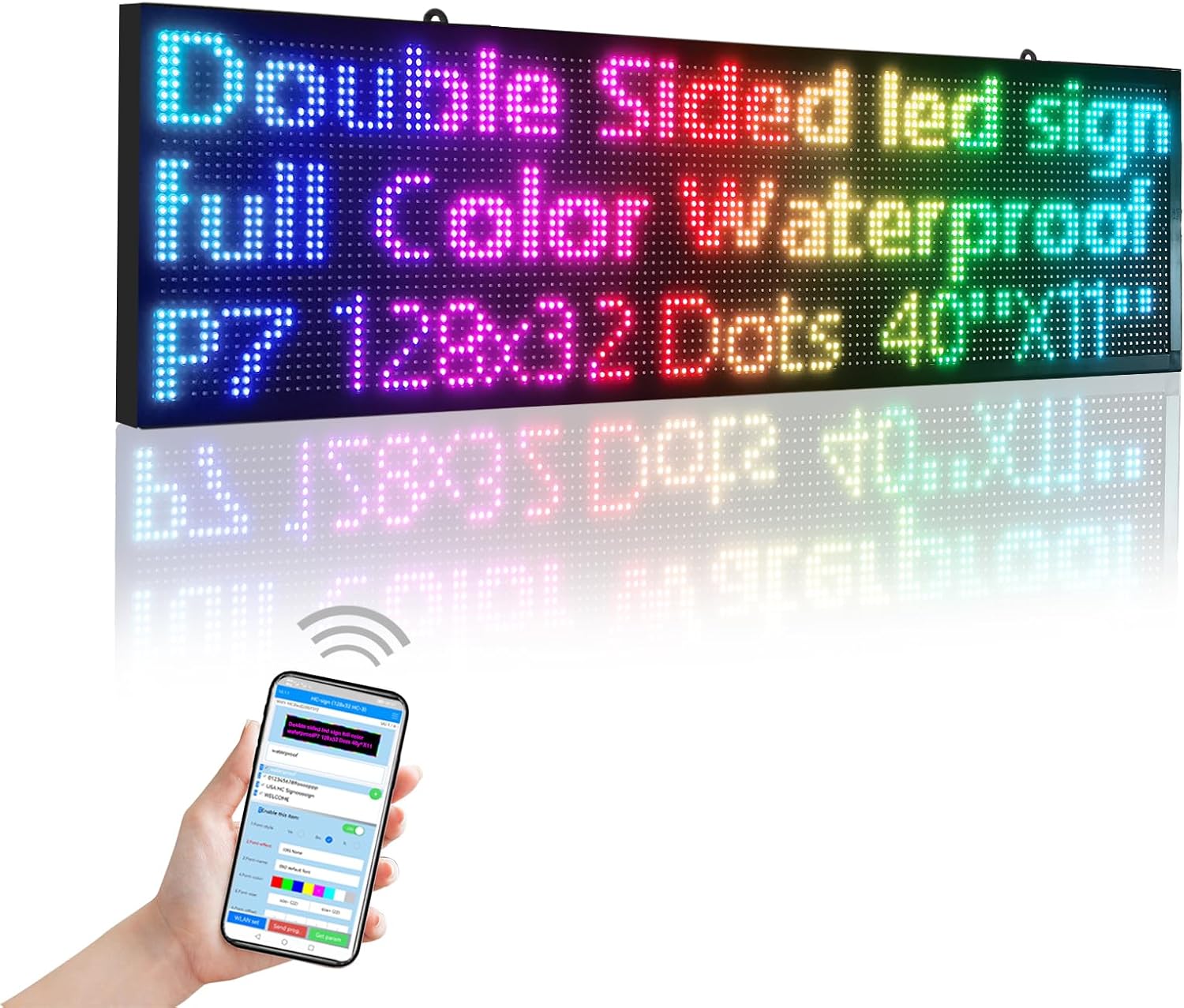 Commercial P7 LED Sign Board: 40x11 Inch Waterproof Double-Sided Full-Color Display with USB & WiFi for Programmable Scrolling Messages, High-Brightness for Indoor/Outdoor All-Weather Use