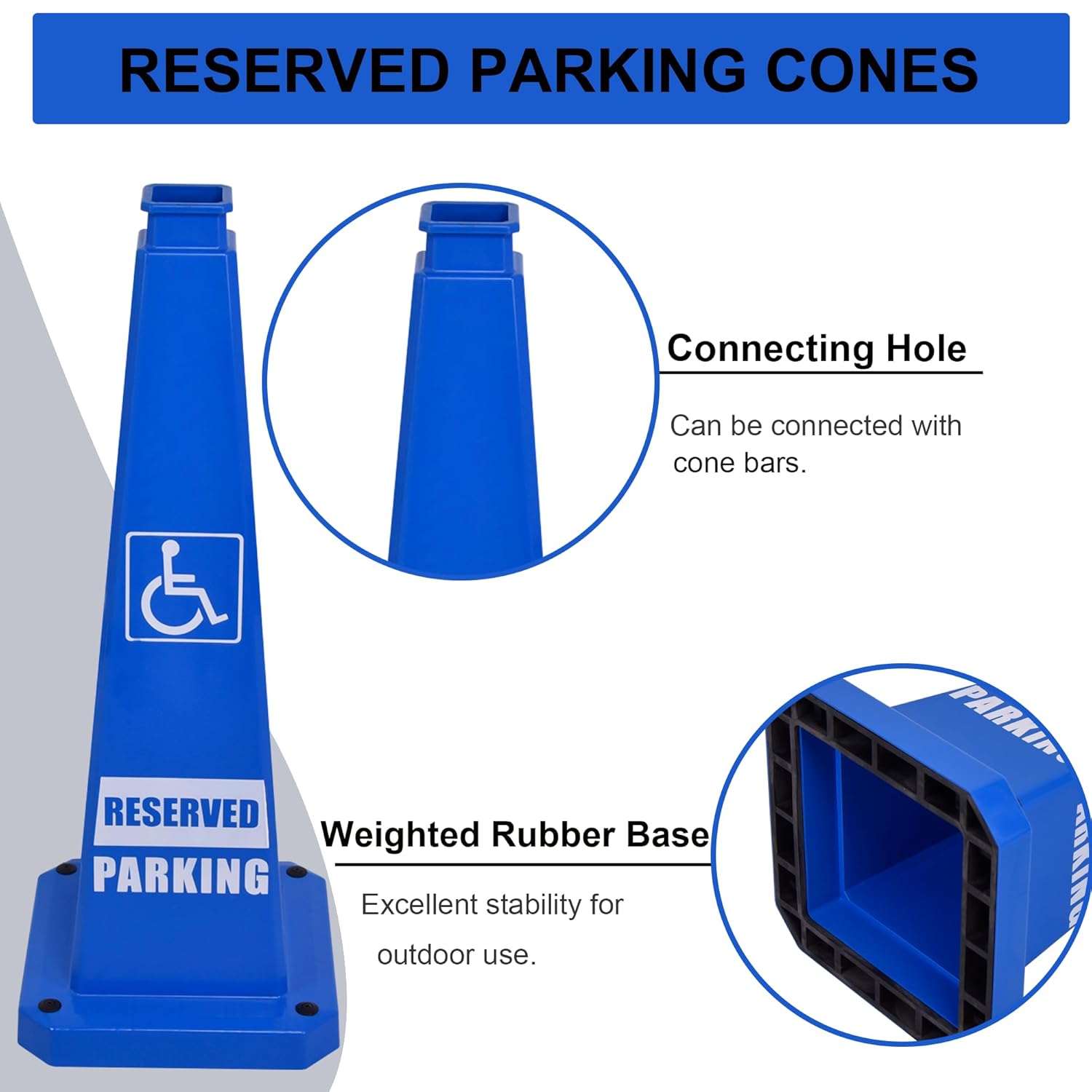 OrangeStar 3-Pack 28" Reserved Parking Cones, Large 4-Sided Message Safety Traffic Cones with Heavy Rubber Base for Indoor Outdoor Use, Parking Lot Control, Driveway Barriers, Blue