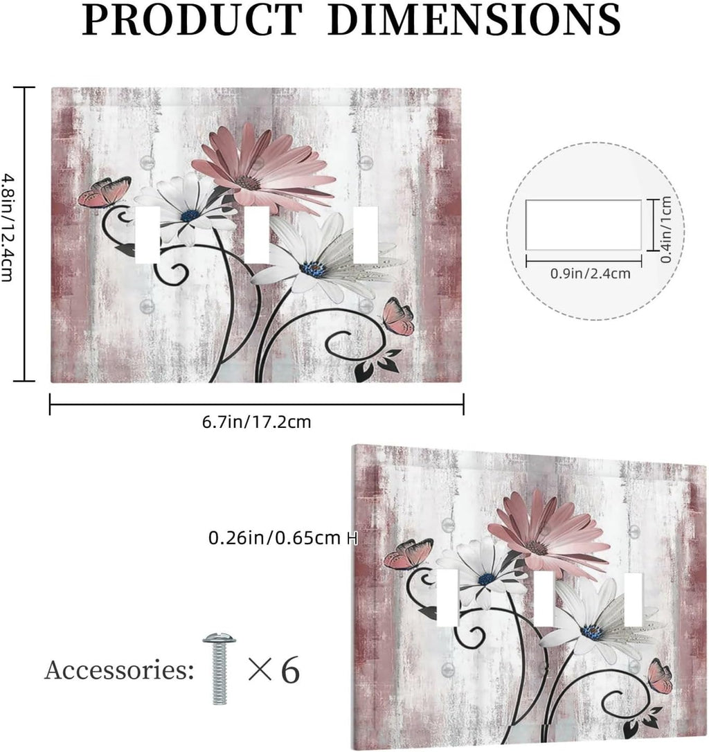 Decorative Switch Plates Pink White Daisy Butterfly Wood Grain 3 Gang Wall Plate Triple Toggle Light Switch Cover Faceplate Electrical Wall Panels for Farmhouse Bathroom Decor