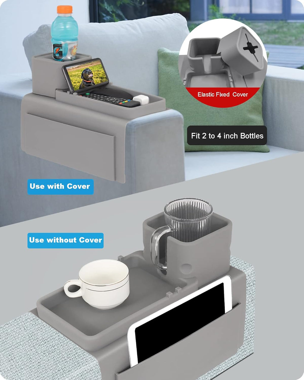 Silicone Couch Cup Holder, VIENFUT Anti-Spill and Anti-Slip Sofa Armrest Tray, Dirt-Resistant Silicone Couch Arm Tray for Remote, Snacks, Cellphone and iPad, Gift for Family, Friend (Gray)
