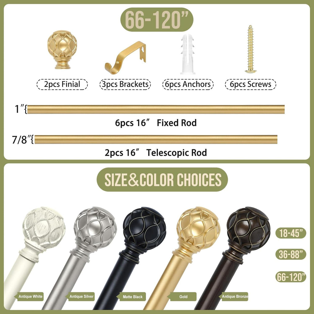 Gold Adjustable Curtain Rods for Windows:66-120 Inch Farmhouse Heavy Duty Curtain Rod for Bedroom Living Room,Boho Decorative Rustic Drapery Rods with Vintage Coastal Texture Finial,Brass Gold