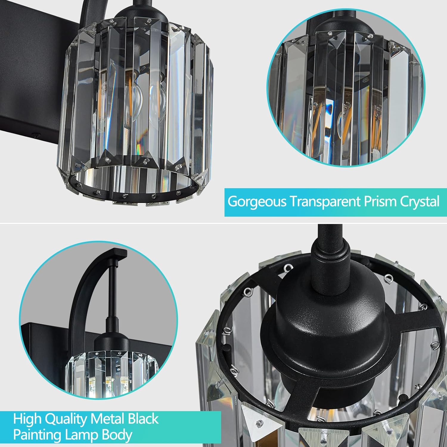 6-Light Crystal Vanity Light, Black Modern Wall Sconce with K9 Crystal Shades, 51.18" Long Over Mirror Lighting for Bathroom, Makeup, Hallway, Elegant & Easy Install