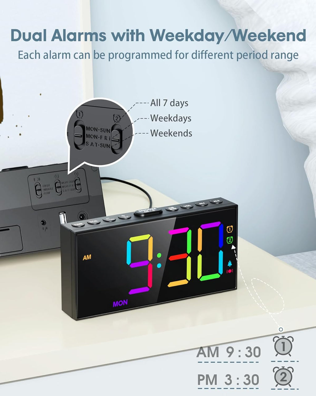 Loud Alarm Clock for Heavy Sleepers,RGB Vibrating Alarm Clock with Bed Shaker,3-level Vibrator,Dual Alarms,Weekday/Weekend,Dimmer,Volume,USB Phone Charger,Snooze,Plug in Clock with Memory Function