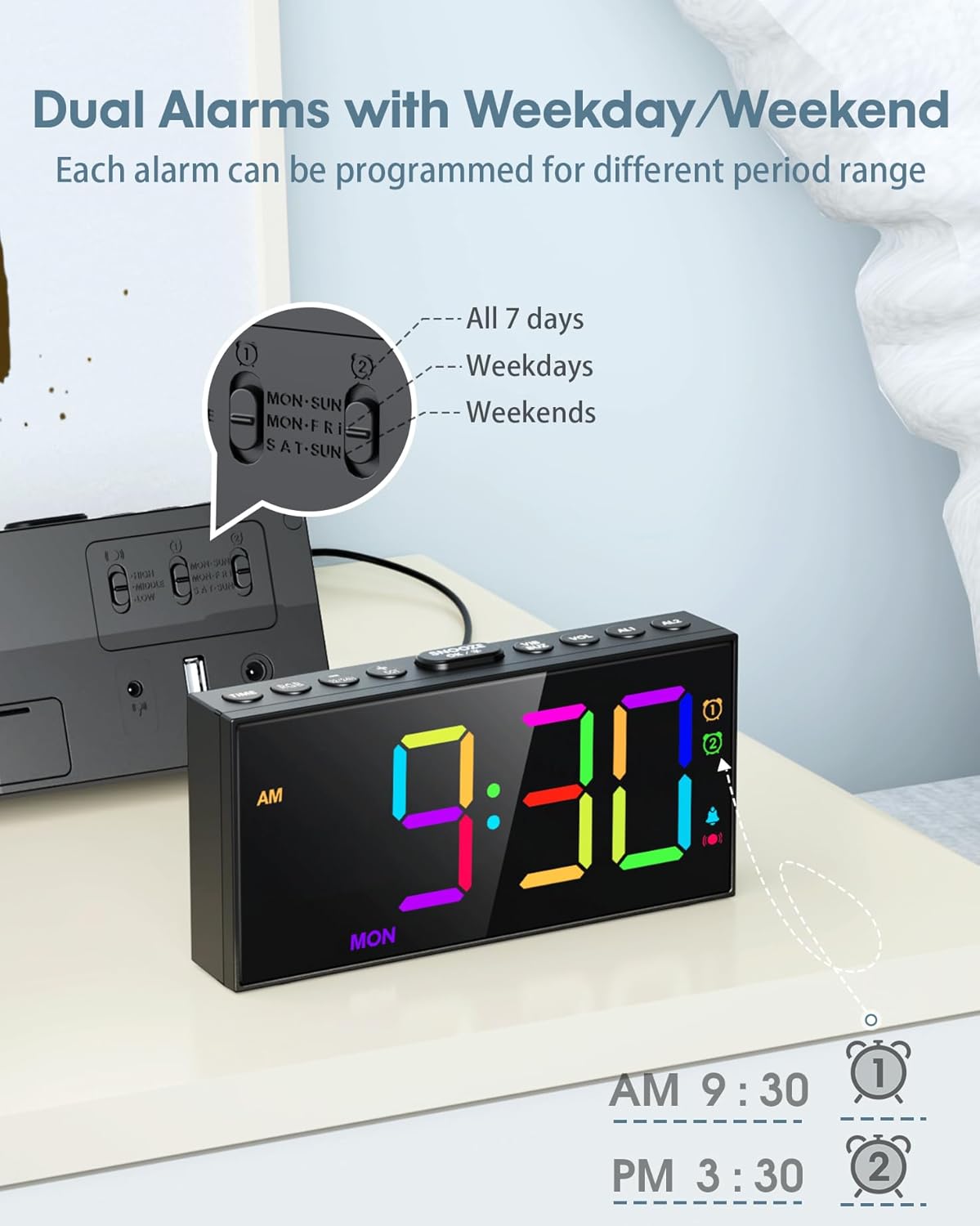 Loud Alarm Clock for Heavy Sleepers,RGB Vibrating Alarm Clock with Bed Shaker,3-level Vibrator,Dual Alarms,Weekday/Weekend,Dimmer,Volume,USB Phone Charger,Snooze,Plug in Clock with Memory Function
