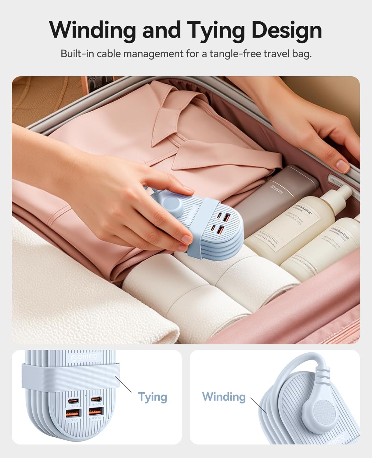ORICO 65W USB Travel Power Strip, 7 in 1 Charging Station with 3AC, 2 USB-A, 2 USB-C, Flat Plug and 4ft Thin Extension Cord, Fast Charger for MacBook, iPad, iPhone 17/16/15 - TK65