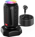 PD 30W Fast Charging Power Strip, with Surge Protector, RGB Night Light, 15 Outlets Power Tower, 2 Type C and 4 USB Ports, Space Saving, Retractable Extension Cord 6.5ft for Home (Black)