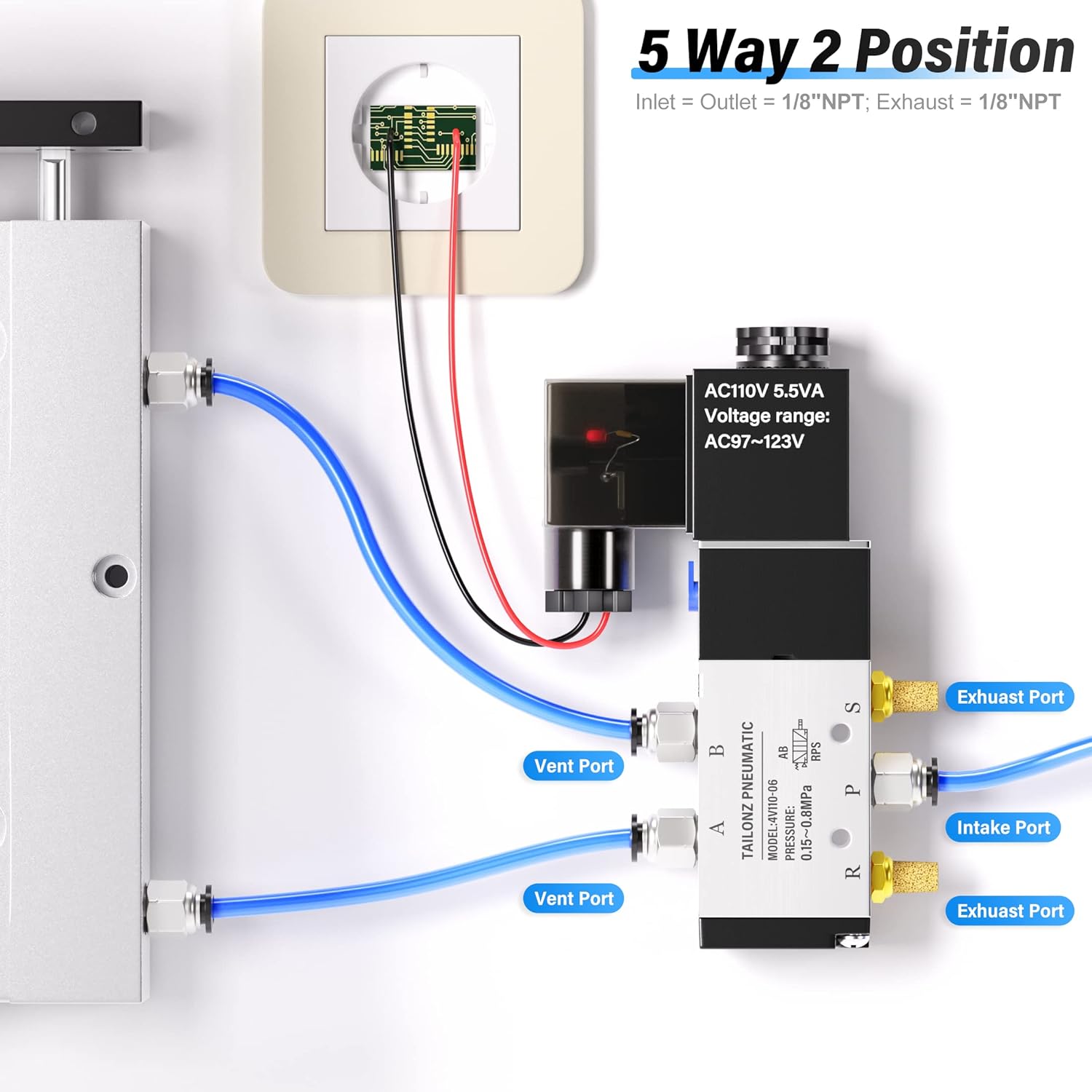 TAILONZ PNEUMATIC 1/8"NPT Solenoid Valve 4V110-06 AC110V Single Coil Pilot-Operated Electric 2 Position 5 Way Connection Type Junction Box