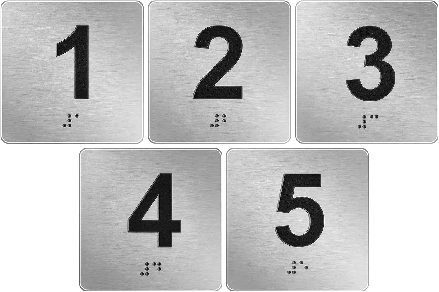 Exam Room Sign Numbers 1-5 with Braille and Tactile 4" x 4" Identification Signs Numbers for Exam Rooms Offices Educational Institution Directional Assistance Test Center, Silver/Black