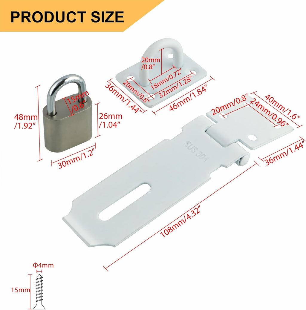 Alise Door Lock Hasp Latch with Padlock,4 Inch SUS 304 Stainless Steel Safety Packlock Clasp Hasp Lock Latch, with Fixing Screw for External Doors Window Cabinet Pet Cage, White Finish,MST009-W