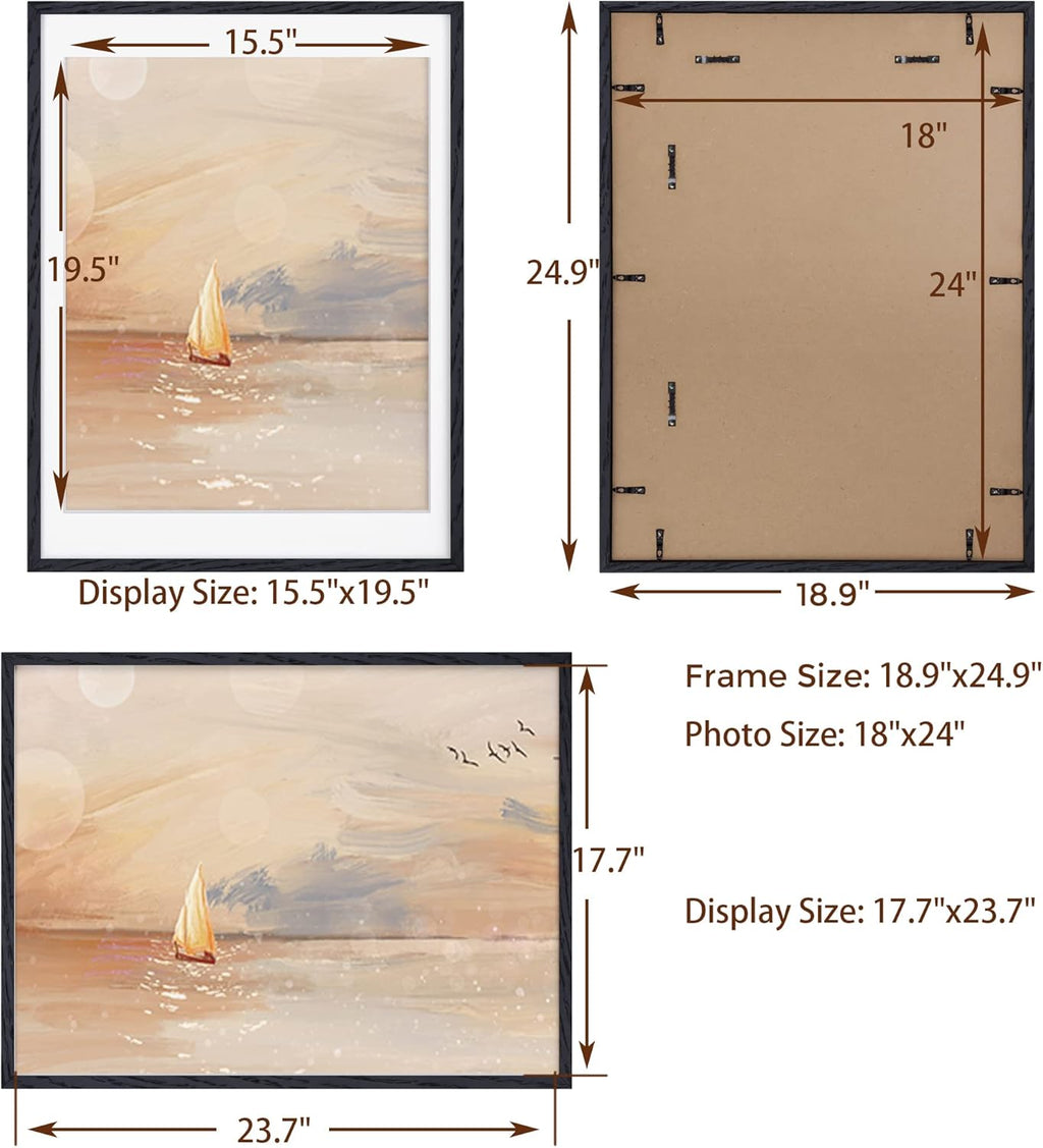 Fun Memories 18x24 Picture Frame Black, Rustic Oak Wood 18 x 24 Poster Frames, Tempered Glass, 18x24 Frame with Mat for 16x20, Minimalist Wood 18 by 24 Frames, 18"x24" Art Frame, 1 Pack