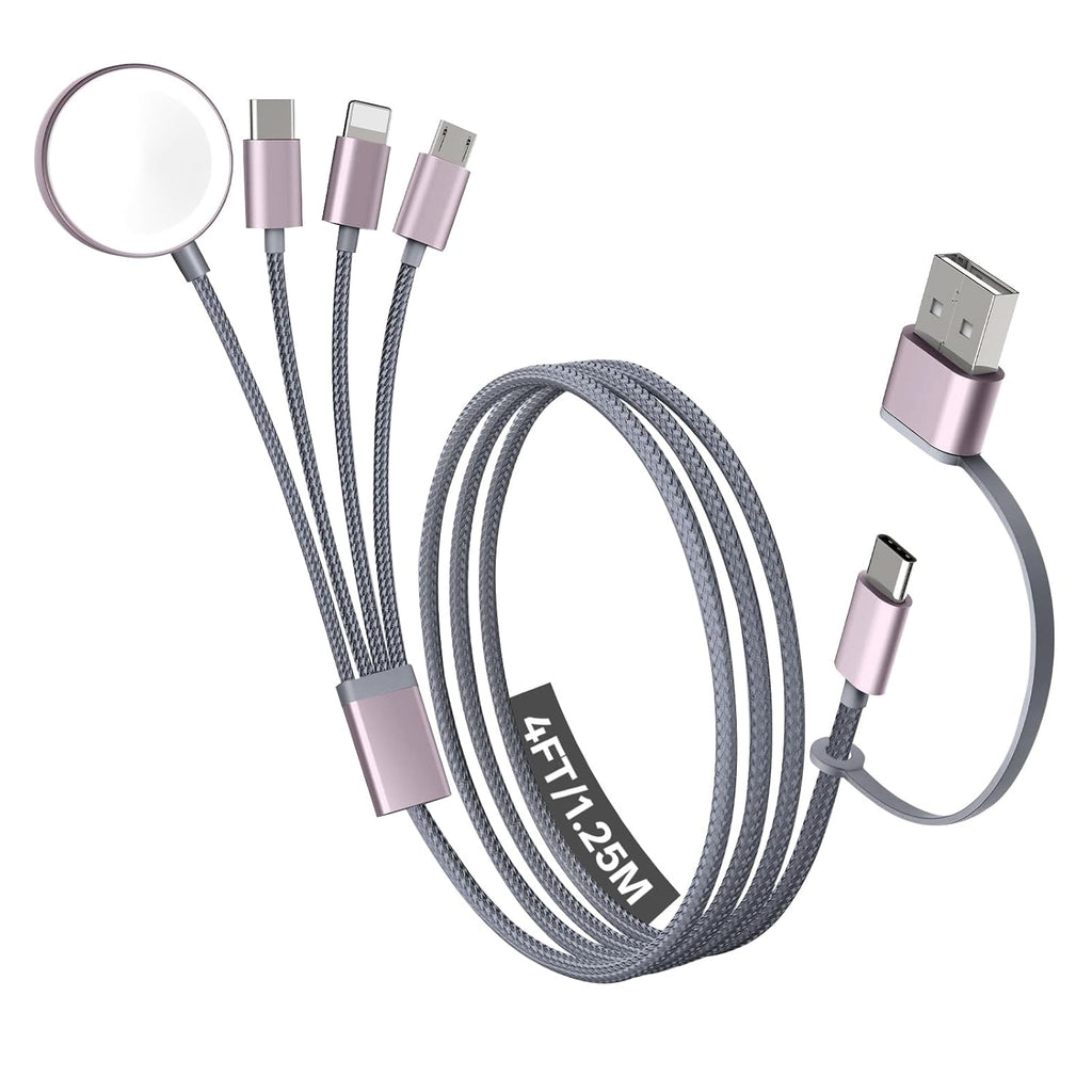 Travel Essentials, 4 in 2 Multi Charging Cable for Apple Watch Charger/iPhone Charger,USB C Cable Cord for iPhone 17-11/iWatch Ultra/10-2/Galaxy S25-S20, Android Phones, Kindle, MP3-Grey,4FT