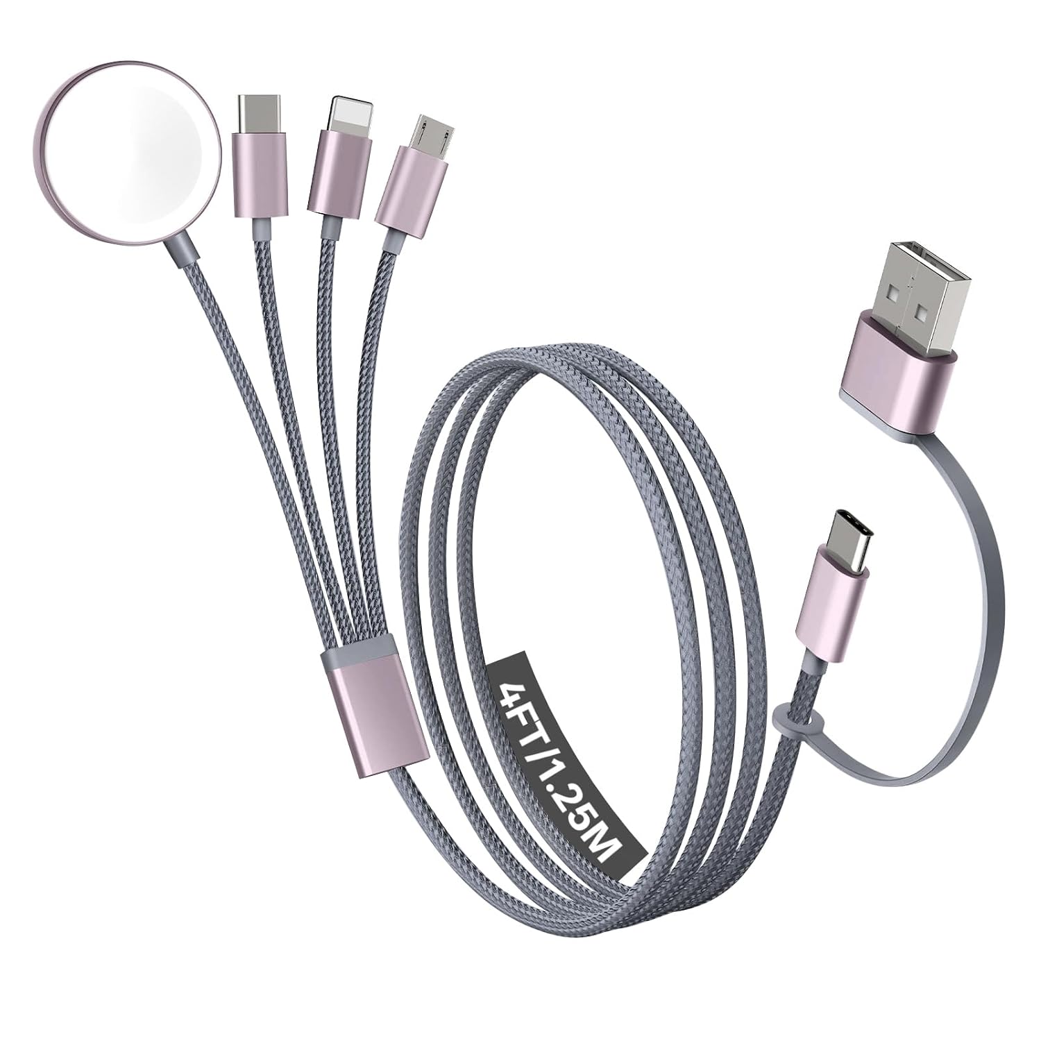 Travel Essentials, 4 in 2 Multi Charging Cable for Apple Watch Charger/iPhone Charger,USB C Cable Cord for iPhone 17-11/iWatch Ultra/10-2/Galaxy S25-S20, Android Phones, Kindle, MP3-Grey,4FT