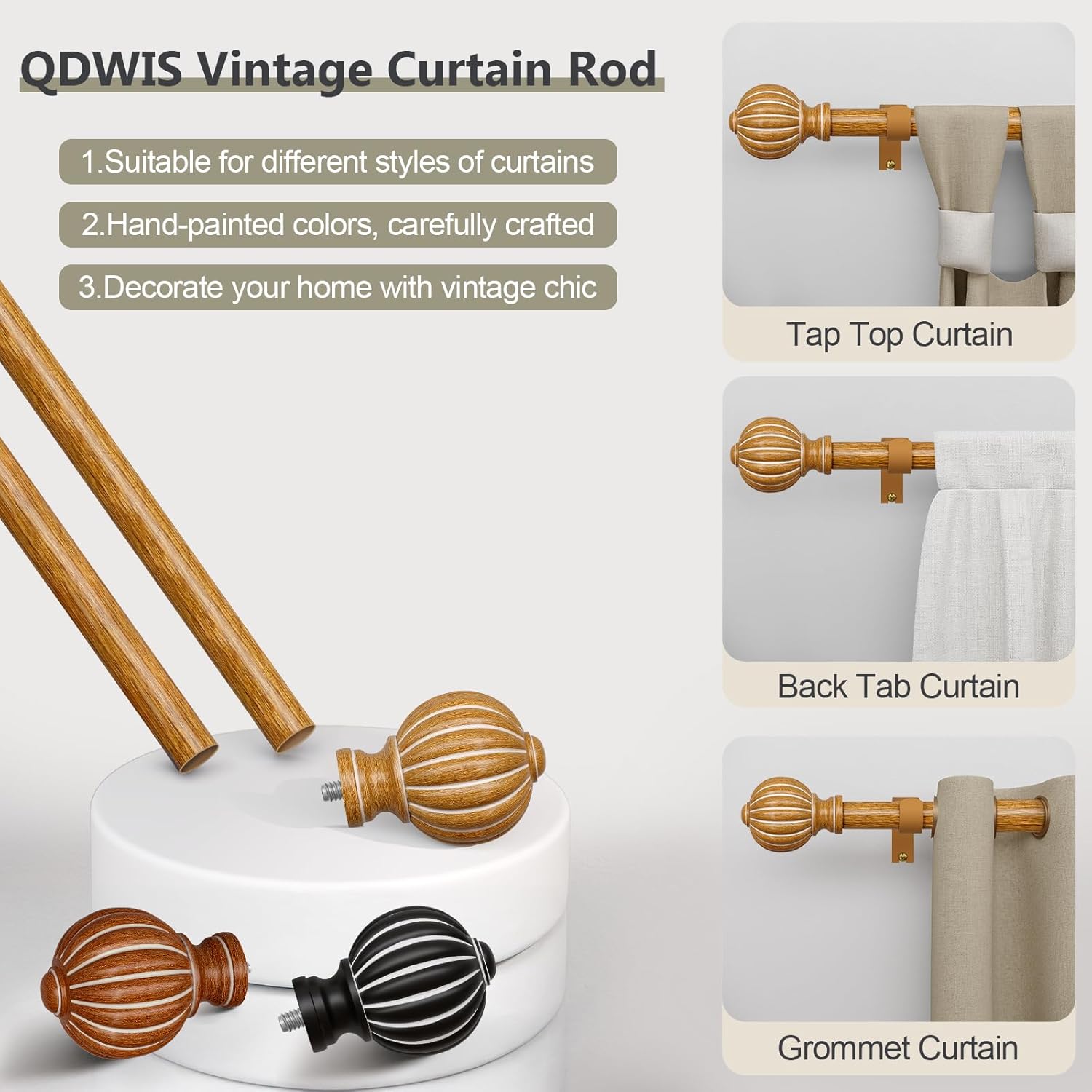 Wood Curtain Rods for Windows 28 to 48 Inch, 1'' Adjustable Heavy Duty Curtain Rod，Vintage Imitation Wood Grain Decorative Drapery Rods with Pumpkin Finials for Bedroom Living Room
