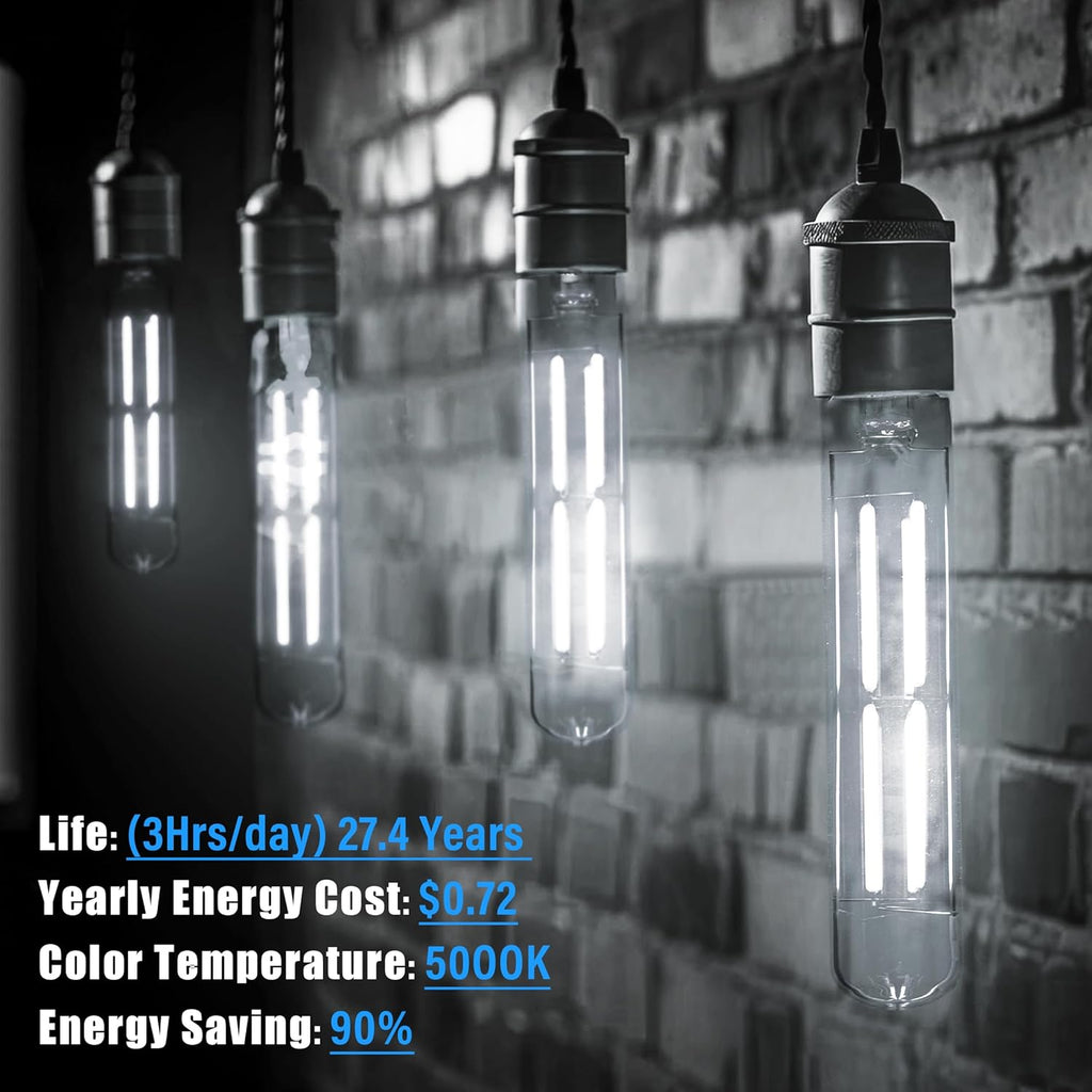 8.9IN LED Light Bulbs E26 Base, 6W 800LM 5000K Daylight White T10 T9 Vintage Edison Bulbs Dimmable, AC 120V Equal 80 Watt Clear Glass Long Tubular Filament Bulb, UL Listed - 4Pack