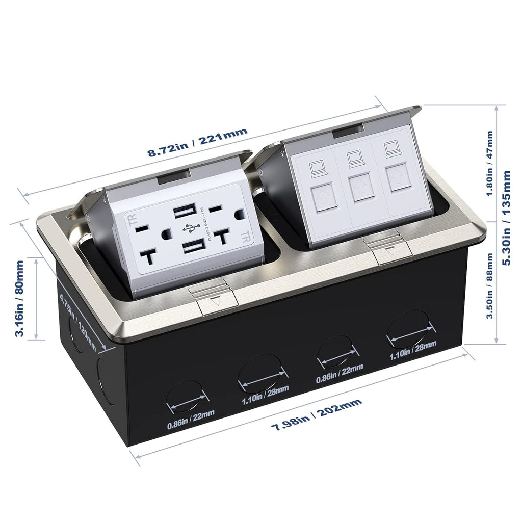 KYHSHJ Dual Pop-Up Floor Electrical Outlet Box Kit，20 Amp Stainless Steel USB TR Receptacle Outlet，3-Port RJ45 Datacom Receptacle，Waterproof Gasket with IP44 Waterproof Rating, Stainless Steel Color