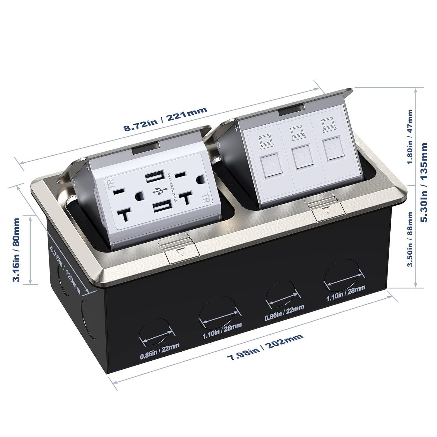 KYHSHJ Dual Pop-Up Floor Electrical Outlet Box Kit，20 Amp Stainless Steel USB TR Receptacle Outlet，3-Port RJ45 Datacom Receptacle，Waterproof Gasket with IP44 Waterproof Rating, Stainless Steel Color