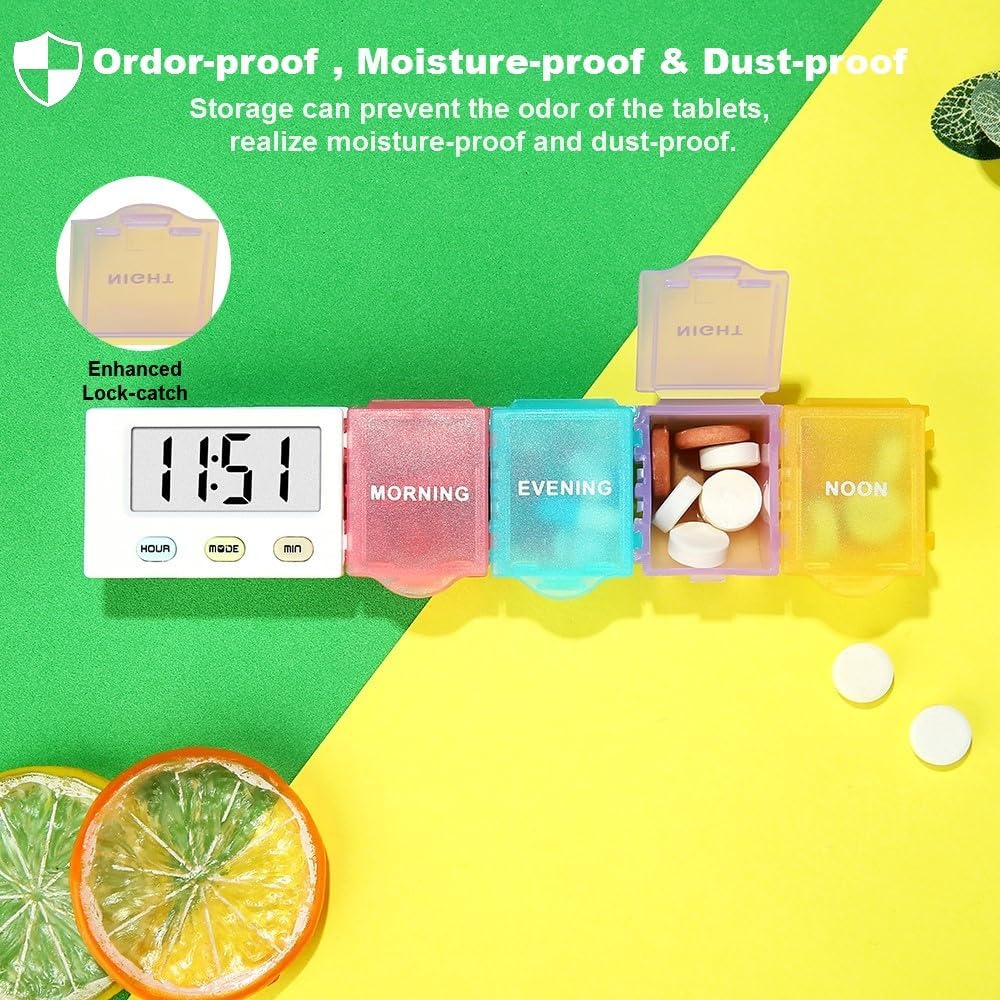[4 in 1] 1 Day 4 Times Medicine Pill Organizer +5 Alarms + Timer+ Clock, Large Compartments,Loud Sound,Large Screen, Moisture-Proof,Dust-Proof, Travel Daily Pill Box/Organizer/Case/Container/Dispenser