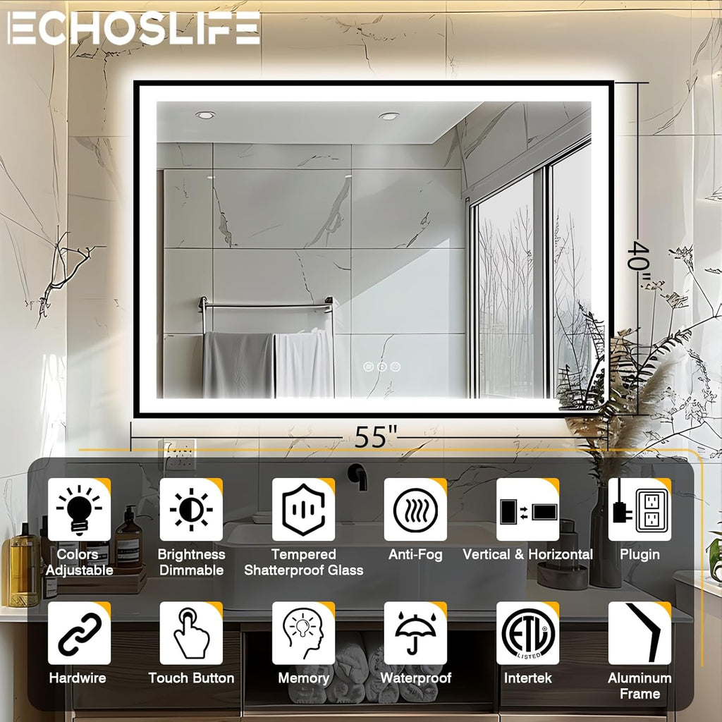 55x40 Bathroom Mirror with LED Lights - Black Framed, Front and Backlit Mirror, Anti-Fog LED Vanity Mirror, 3 Colors and Dimmable Mirror, Waterproof, Corrosion Proof (Horizontal/Vertical)