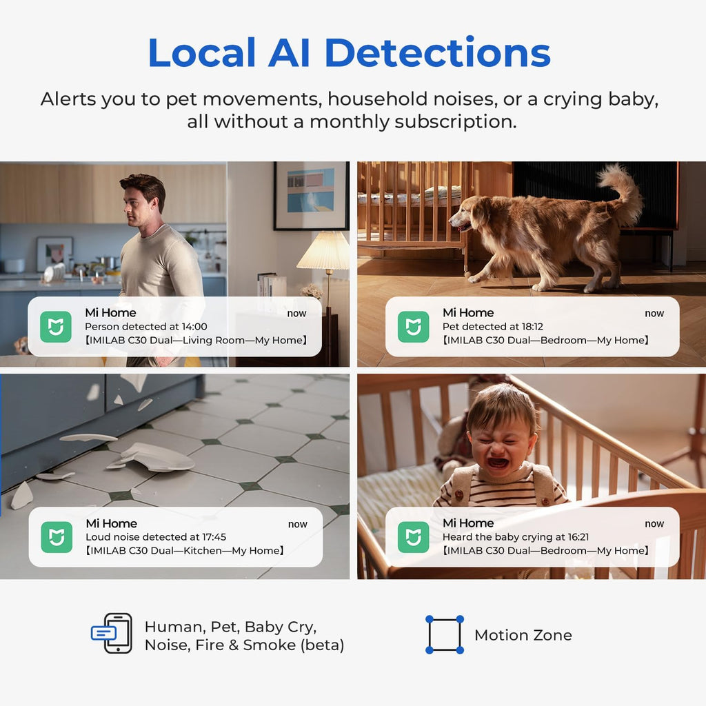 IMILAB C30 Dual Security Camera Indoor, 3K+3K Lens Pet/Baby Monitor Camera, 360° Home/Room Cam for Bedroom, Cry/Smoke/Fire/Person Alerts, App Control, Plug-in 5G WiFi Cam, Wall Mount, No Monthly Fee