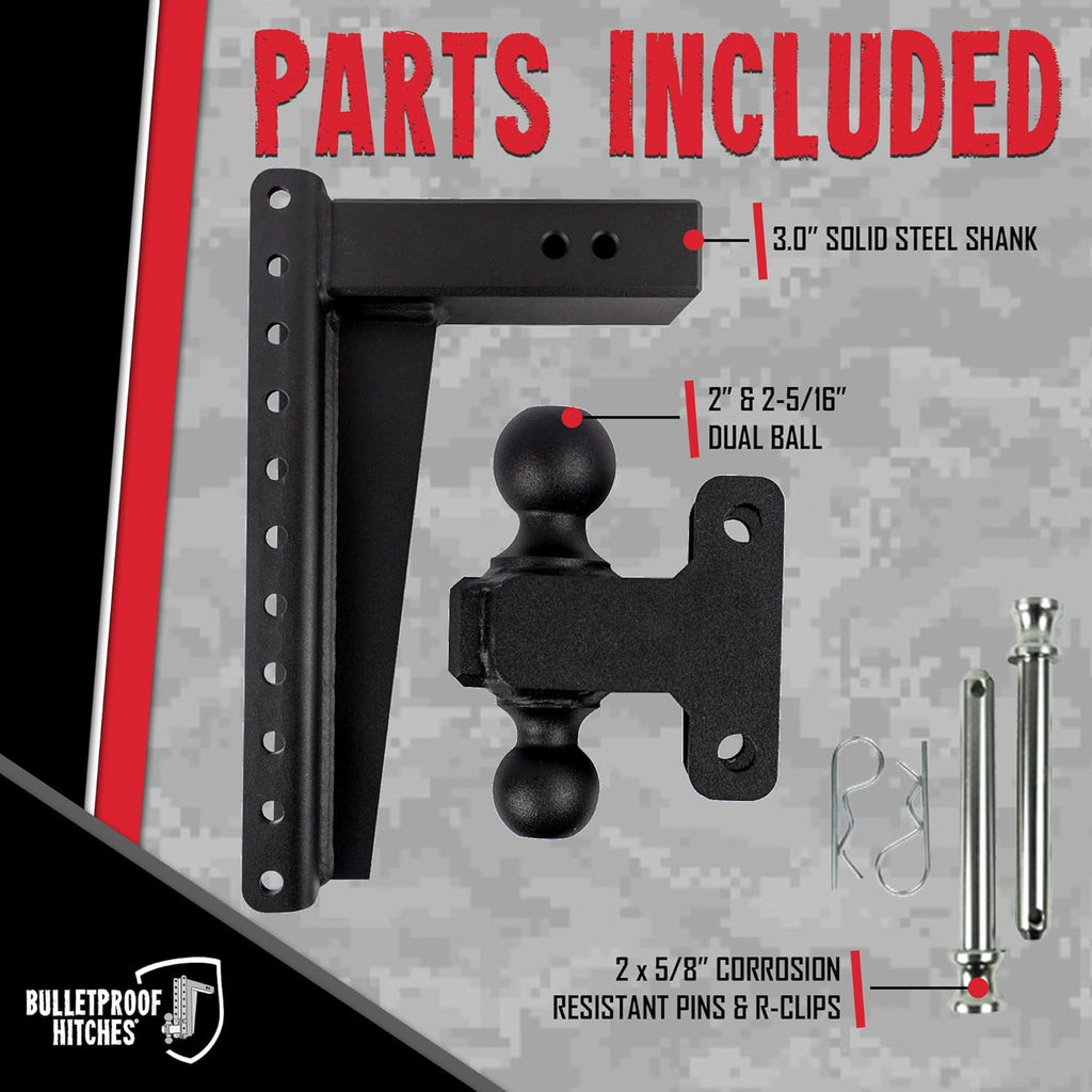 BulletProof Hitches - 3.0" Adjustable Heavy Duty Trailer Hitch (22,000 lb. Rating) - 16" Drop/Rise Trailer Hitch with 2" & 2-5/16" Dual Ball - Powder Coat, Solid Steel, Corrosion-Resistant