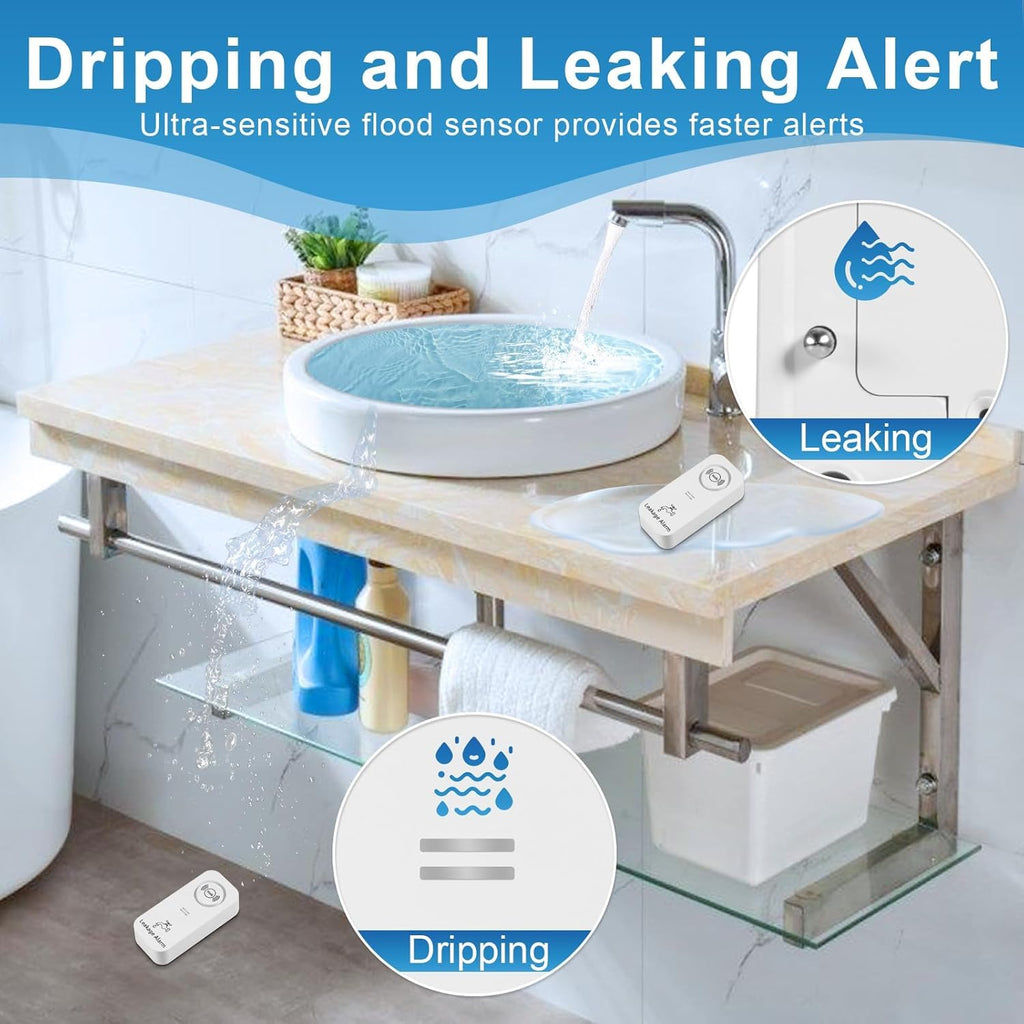 90dB Loud Water Leak Detector, 2 Pack Wireless Alarm with 3 Probes for Kitchen Bathroom Basement, Easy Installation Floor & Pipe Drip Sensor