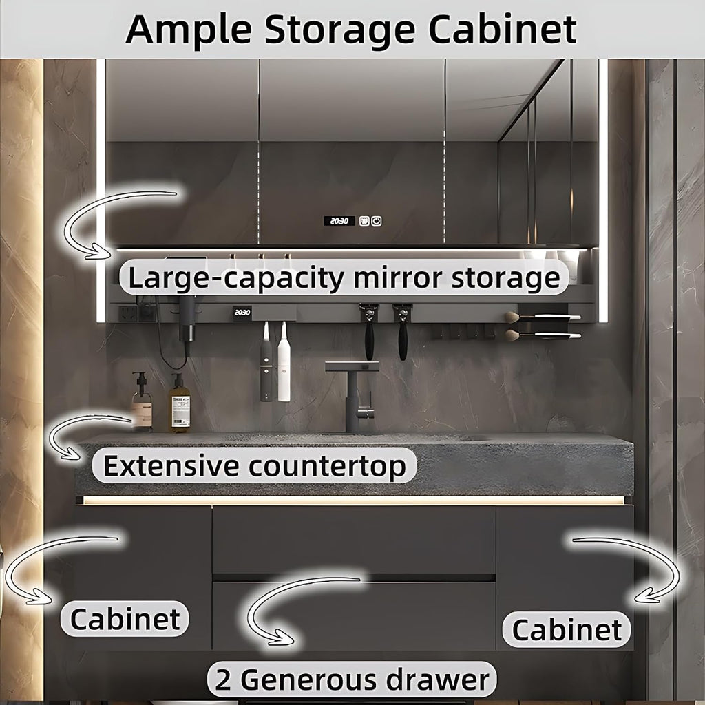 Modern Bathroom Vanity – Cabinet Set with LED Smart Defogging Mirror & Time Display | Bathroom Vanity with Sink, Large Space Storage with Easy Installation, 2 Drawers (Grey, 44IN)