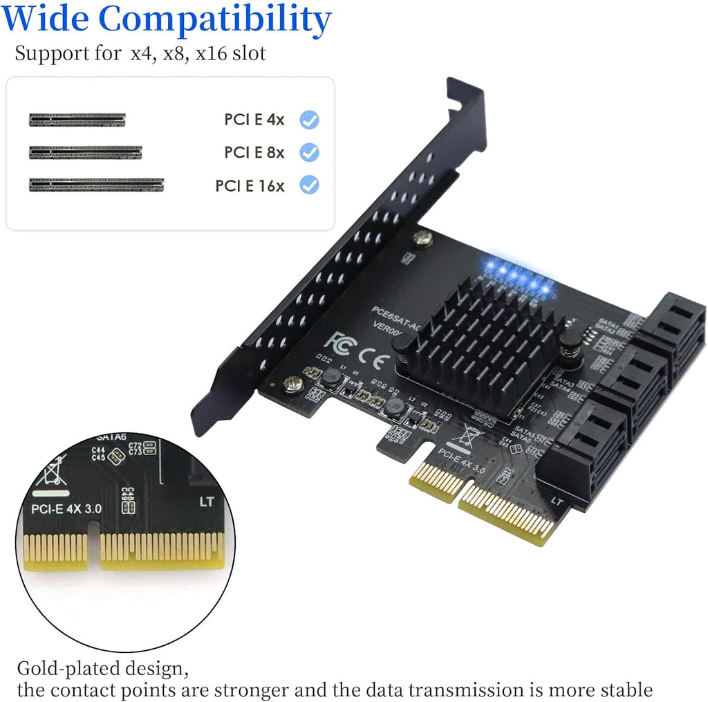 PCIe SATA Expansion Card 6 Ports 4X with ASM1166 Chip - 6Gbps, Gen 3 Controller Adapter, Non-Raid, with 6 SATA Cables & Low - Profile Bracket, Plug and Play for Windows XP/7/8/10, Linux, MAC OS