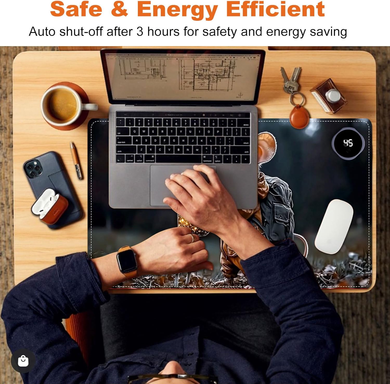 Small Heated Desk Pad 23.6" x 14.2" – Compact Electric Mouse Pad with 3 Heating Levels, Auto Shut-Off, Waterproof PU Surface, Plug-in Warmer for Office or Home Use, Mouse with Lantern