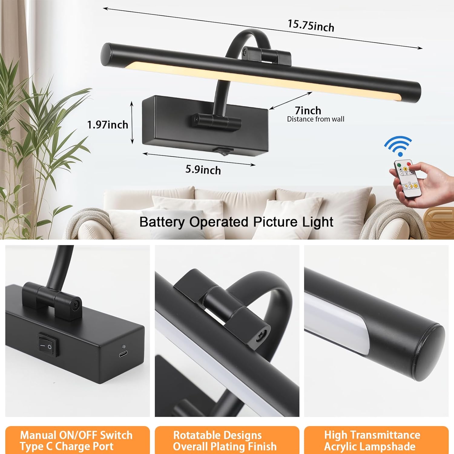 Wireless Battery Operated Picture Light,Rechargeable Wall Light with Remote and Timer,15.75 Inch Black Dimmable Painting Light,3CCT with Adjustable Swing Arm for Display Gallery Lighting
