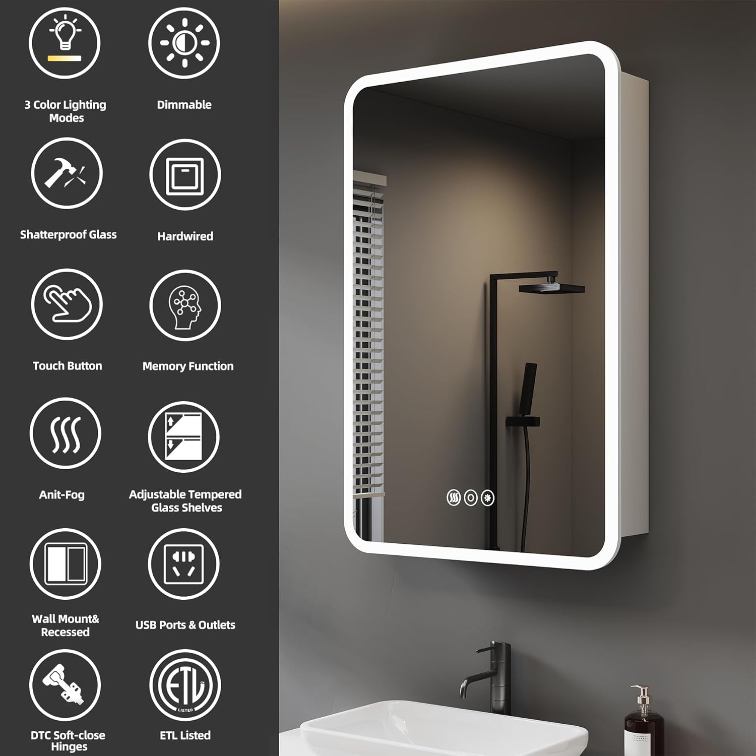 Medicine Cabinet with LED Lights and Mirror, 16 x 24 Inch Surface or Recessed Mounted Bathroom Cabinet with Door, Defogger, Memory Function, 3-Color Mode, Outlet&USB, Dimmer, Storage Shelf