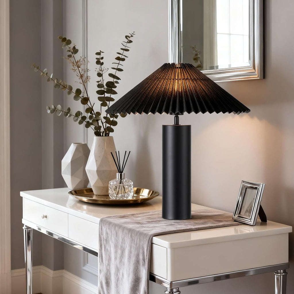 Modern Table Lamp with Metal Blade Lampshade and Cylindrical Base, E26 Bulb Compatible, Contemporary Accent Light for Living Room, Bedroom, Office (Black)