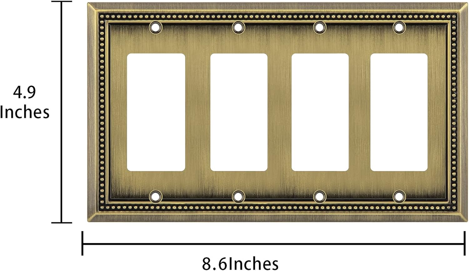 Henne Bery Sunken Pearls Heavy Duty Decorative Wall Plate Switch Plate Outlet Cover (Quad Decorator, Antique Brass)