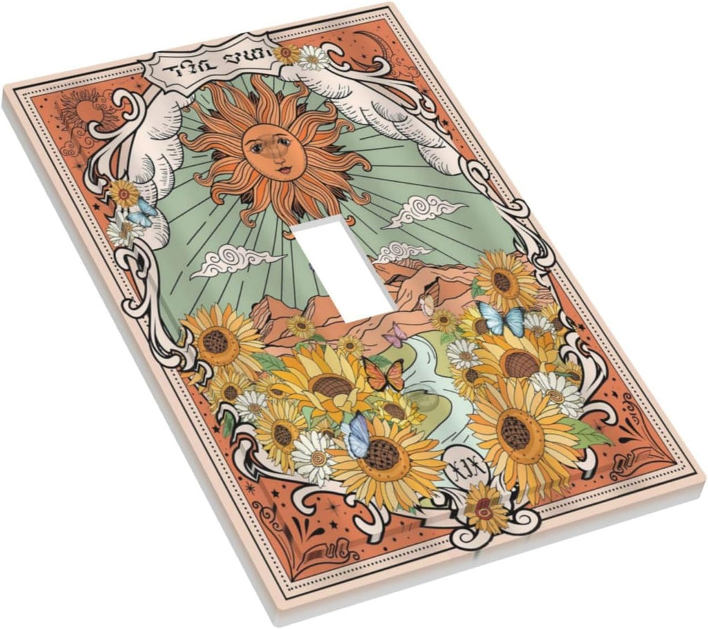 Boho Retro Sun Sunflower Vintage Flower Butterfly Decorative Light Switch Cover 1 Gang Single Toggle Device Electrical Faceplate Switchplates Decorator Outlet Wall Plate for Farmhouse Home Decor