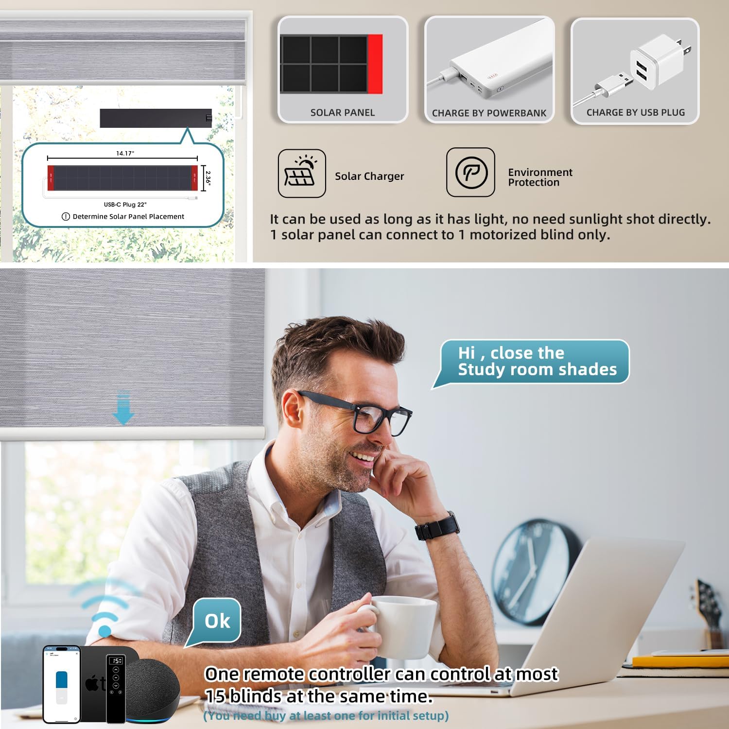 SmartWings Motorized Light Filtering Shades, 70% Blackout, Custom Size, Rechargeable Battery, Works with Matter/Apple HomeKit, Alexa, Thread/Zigbee, Remote Optional, 70% Essential Grey
