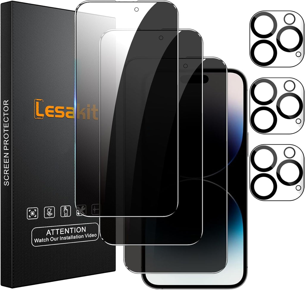 3+3 Pack Privacy Screen Protector for iPhone 14 Pro 6.1-Inch with 3 Pack Camera Lens Protector, Anti Spy Tempered Glass Film 9H Hardness Bubble Free Case Friendly