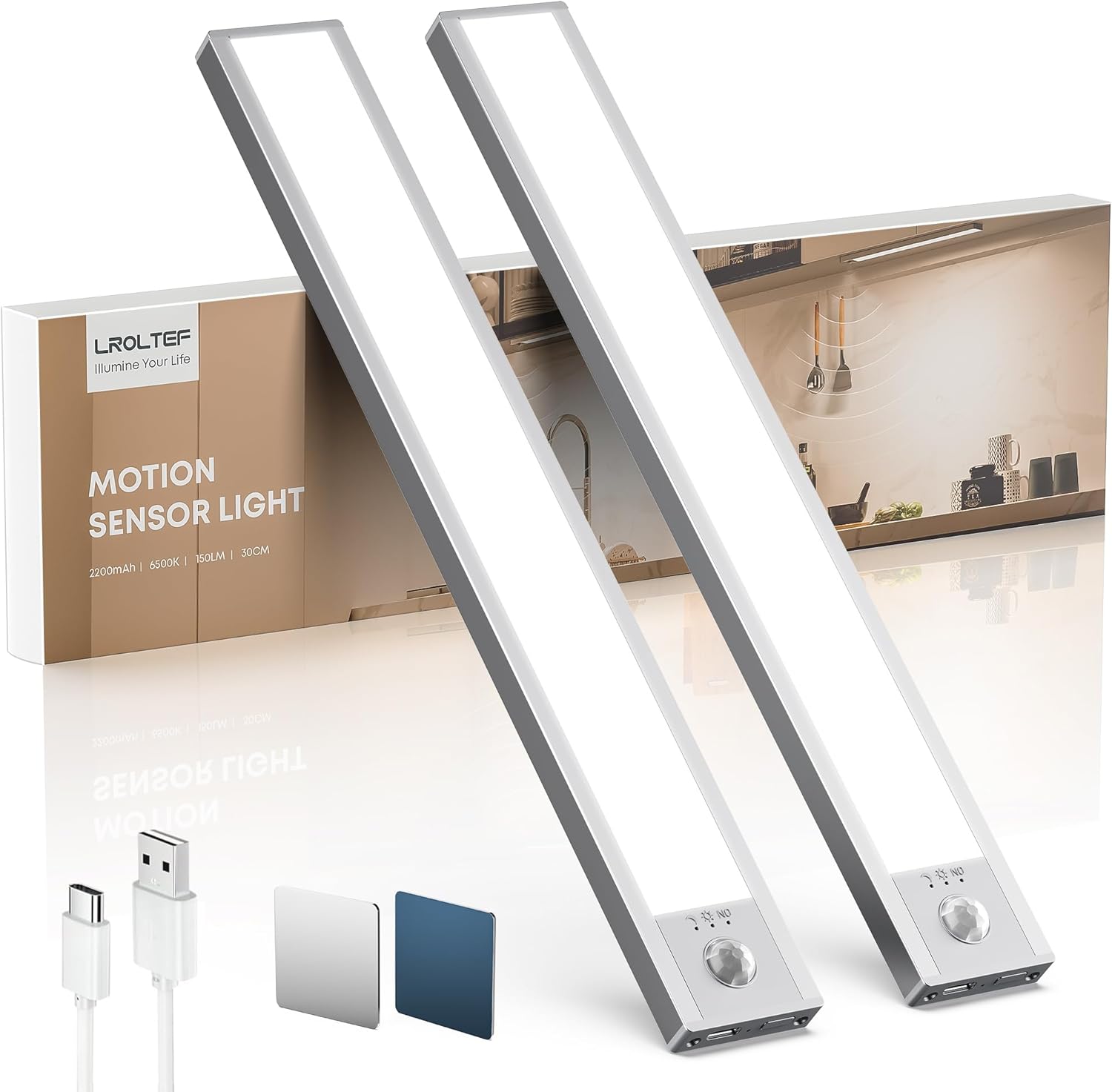 Under Cabinet Kitchen Lights, Motion Sensor Dimmable 30cm 2200mAh 6500K LED Under Counter Rechargeable Wardrobe Indoor Night Lights for Kitchen Shelf Stairs Closet 2 Pack