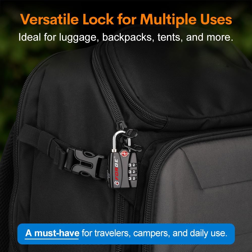 Forge TSA Luggage Combination Lock - Open Alert Indicator, Easy Read Dials, Alloy Body- Ideal for Travel, Lockers, Bags (Black 4PK)
