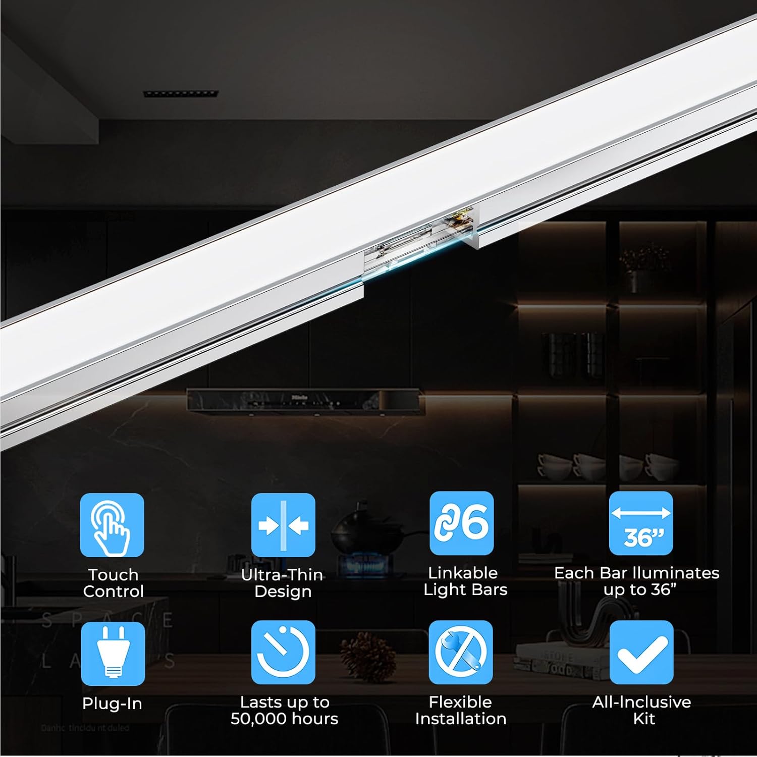 VST Under Cabinet Lighting, Work with Touch Switch – Solderless Linkable Gapless Under Counter Lights for Kitchen Liquor Cabinet Closets (6 Lights Bar Kit)