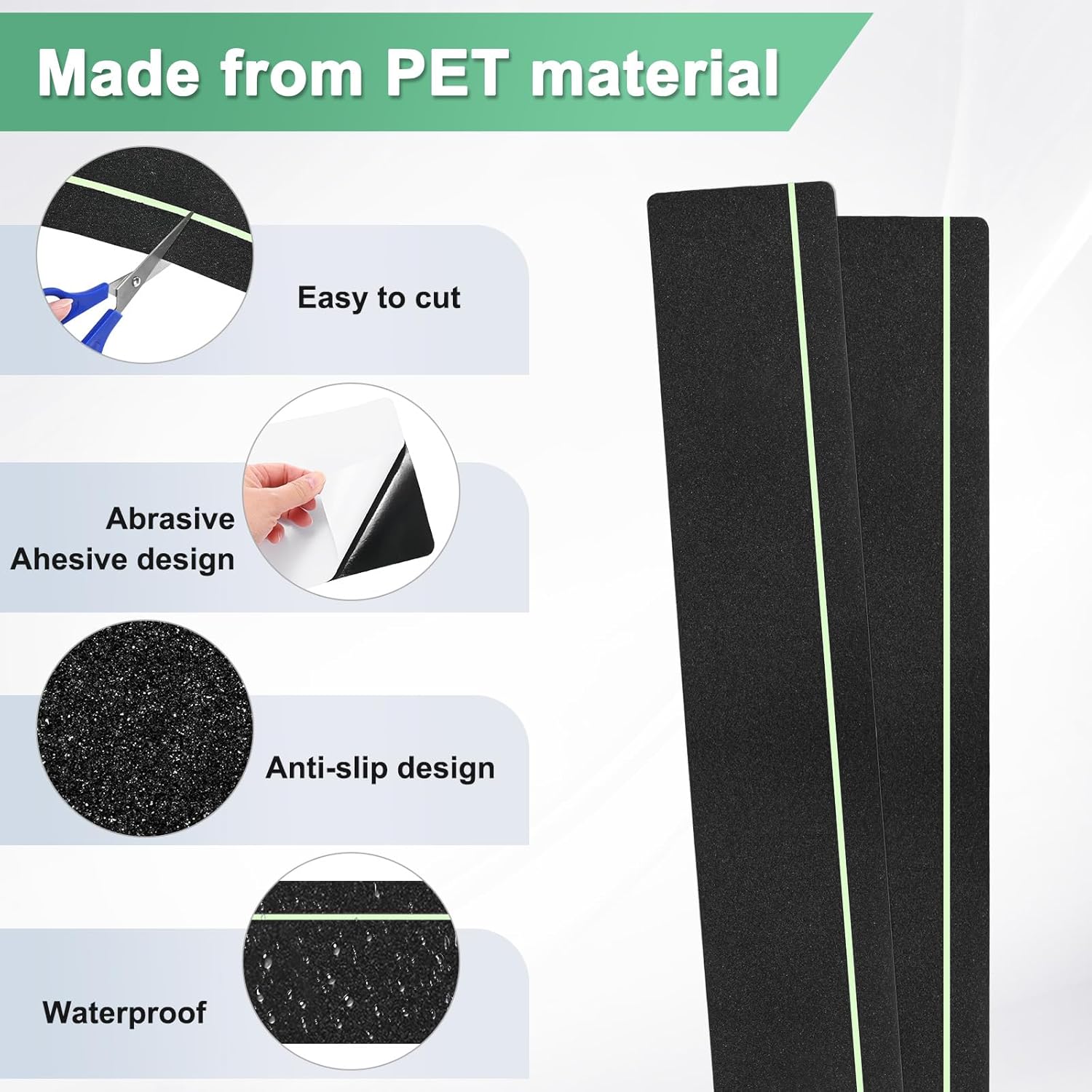 15-Pack Anti Slip Traction Tape 24" x 6" Best Grip Tape Grit with 6mm/0.24" Glow in Dark Stripe High Traction Friction Abrasive Adhesive for Indoor/Outdoor Stairs[Black+Green]