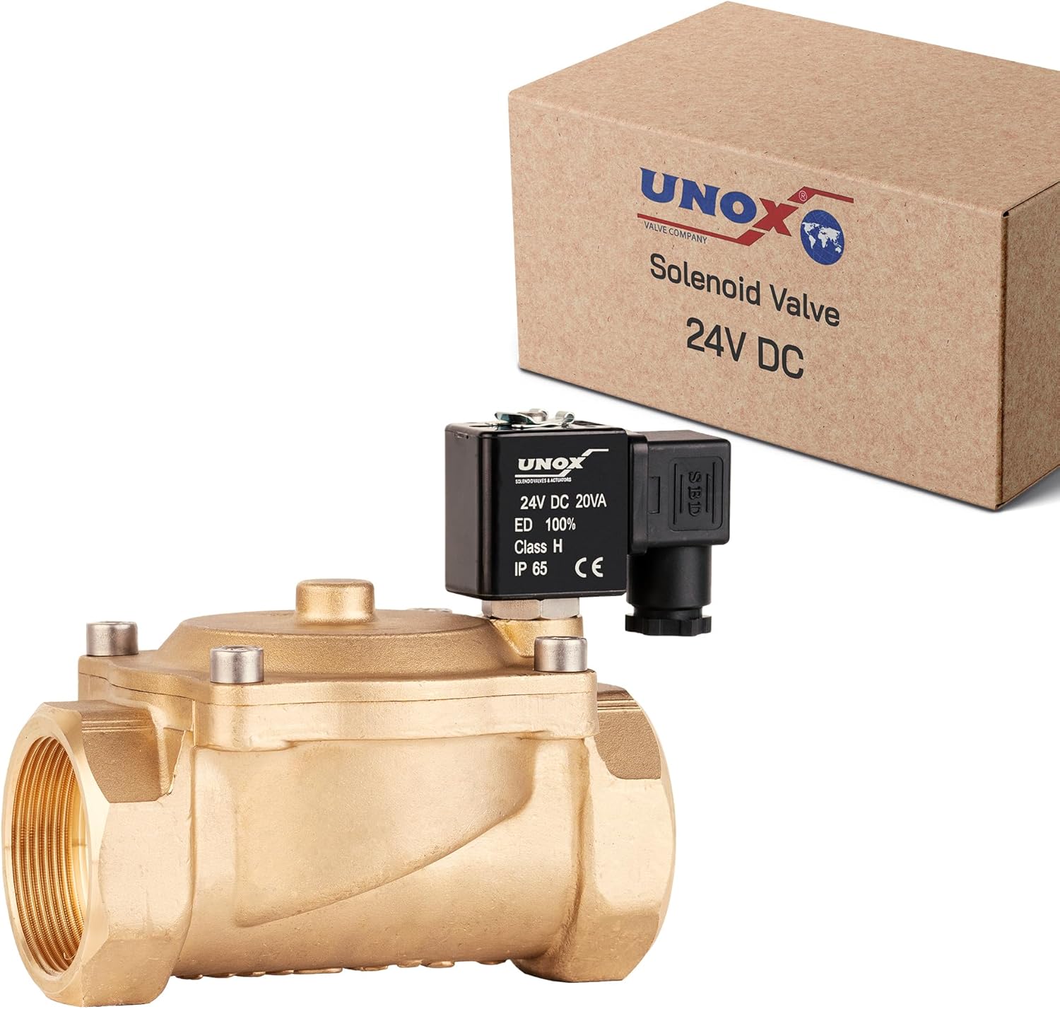 UNOX 1 1/2" NPT Solenoid Valve 24V DC, Brass Control Valve Normally Closed - 7-232 PSI Multi-Purpose Reliable Control Valve for Water, Air, and Gas - Solenoid Valves