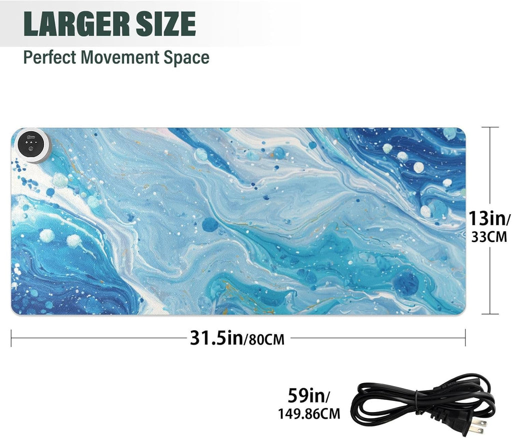 Heated Desk Pad Mouse Pad 31.5x13 Inch PU Leather Desk Mat with 3 Heat Levels Large Mouse Gaming Computer Laptop Mat Blue and White Marble Spots