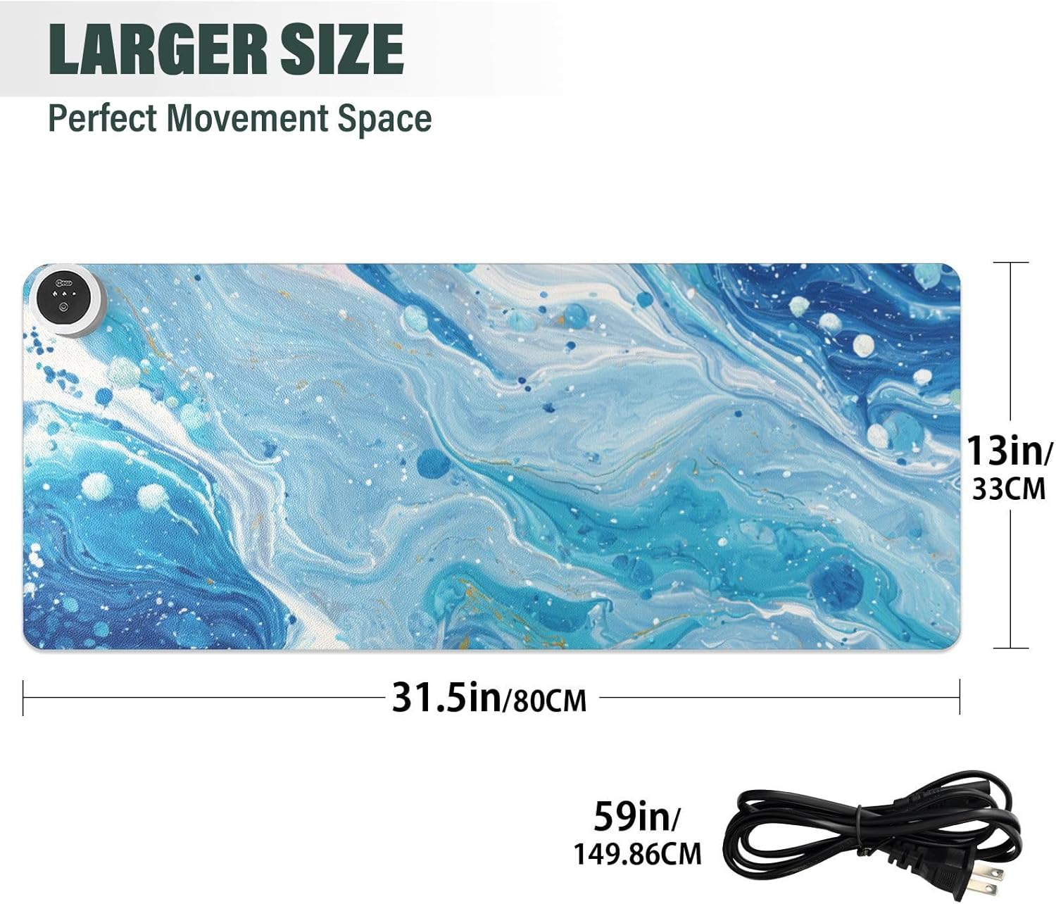 Heated Desk Pad Mouse Pad 31.5x13 Inch PU Leather Desk Mat with 3 Heat Levels Large Mouse Gaming Computer Laptop Mat Blue and White Marble Spots
