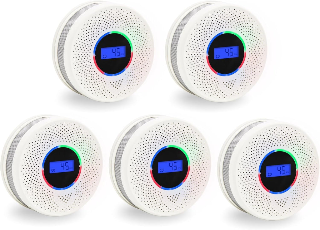 10-Year Battery Smoke and Carbon Monoxide Detector, 2-in-1 Smoke CO Alarm with Digital Display, Reliable Fire and CO Alarm for Home, Bedroom, Kitchen (5 Pack)